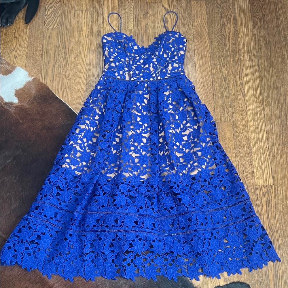 Self-Portrait Royal Blue Floral Lace Midi Dress